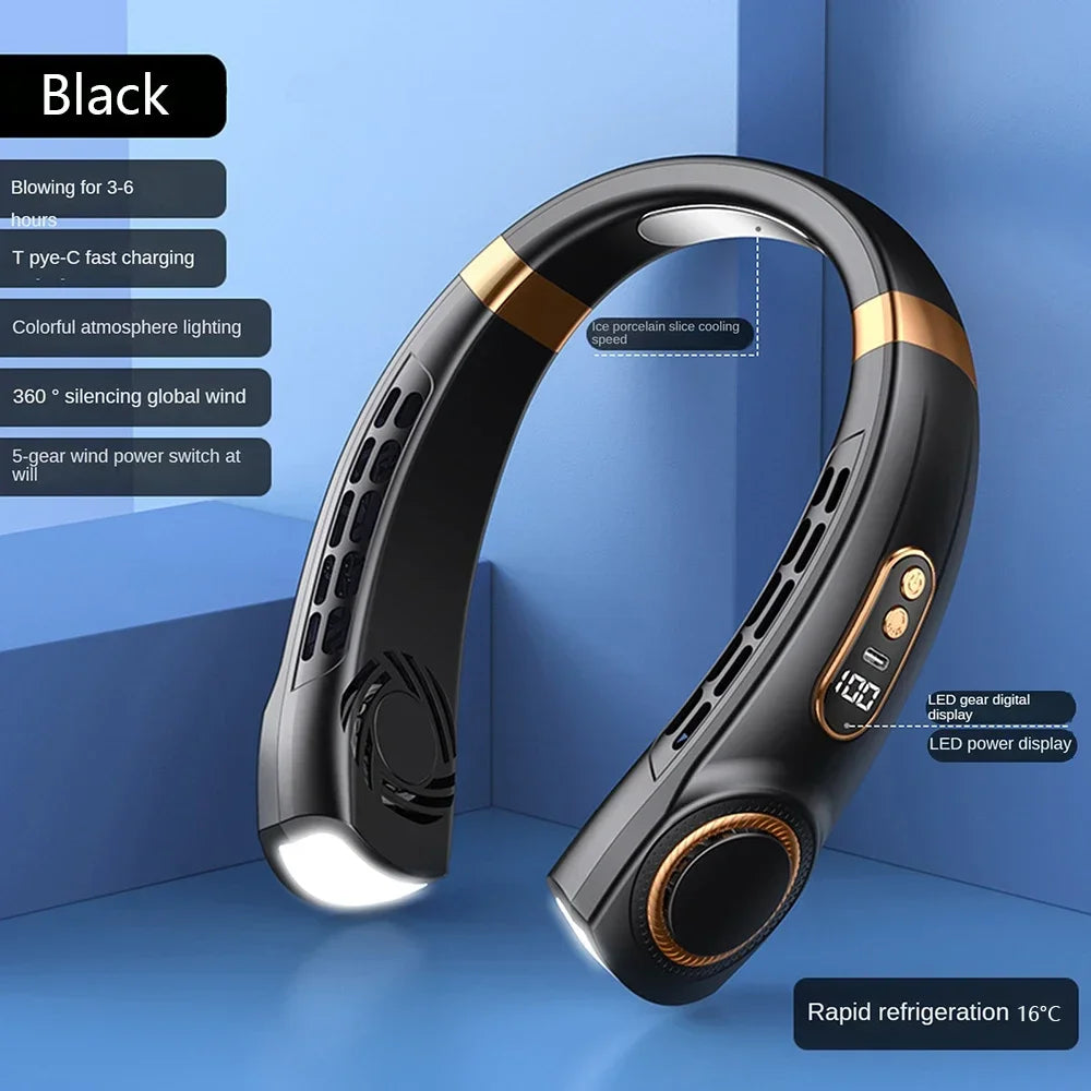 2025 Portable Bladeless Neck Fan – Rechargeable, 5-Speed Cooling with Digital Display